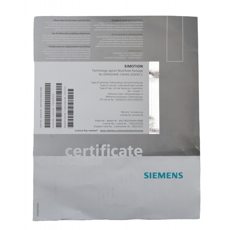 Siemens certificate 6AU1820-0AA44-0AB0 for D445/D445-1/D445-2/D455-2 NEU