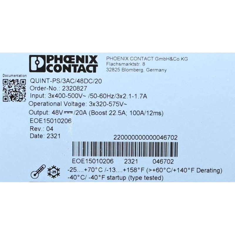 2320827 Phoenix Contact QUINT-PS/3AC/48DC/20 2320827 Power Supply