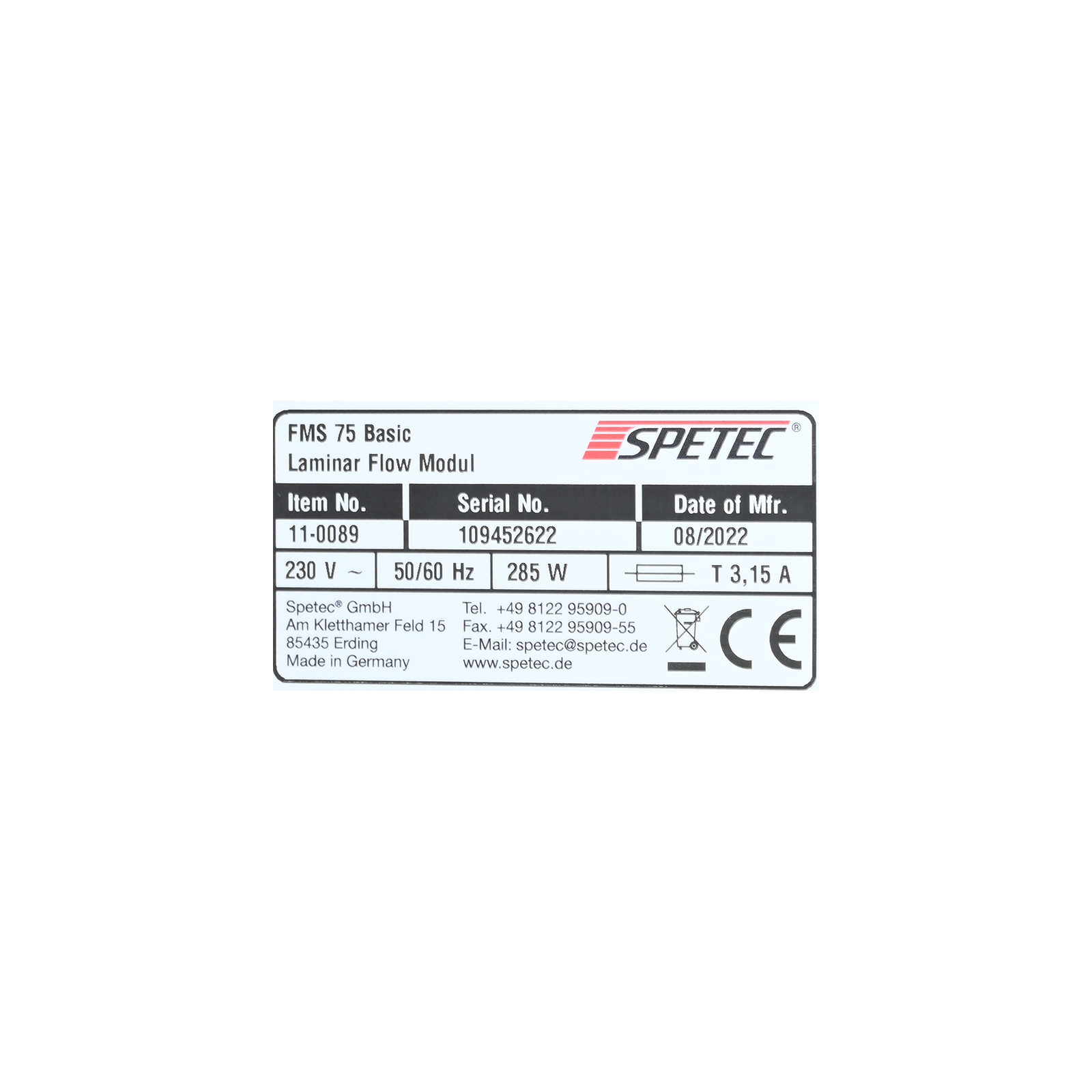 75 Basic Spetec FMS 75 Basic 11-0089 Laminar Flow Module