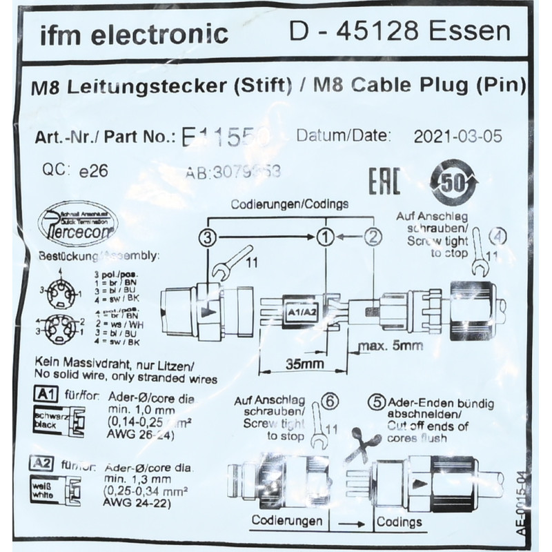 Ifm Module Plug ifm E11550 M8 Cable Plug Neu versiegelt